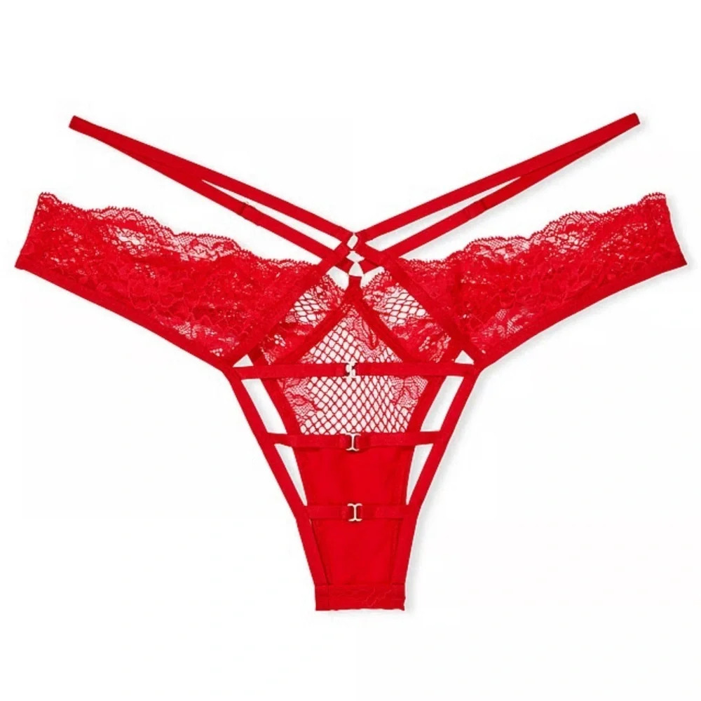 VERY SEXY Fishnet Floral Open Back Brazilian Panty Red Lace‎ Small